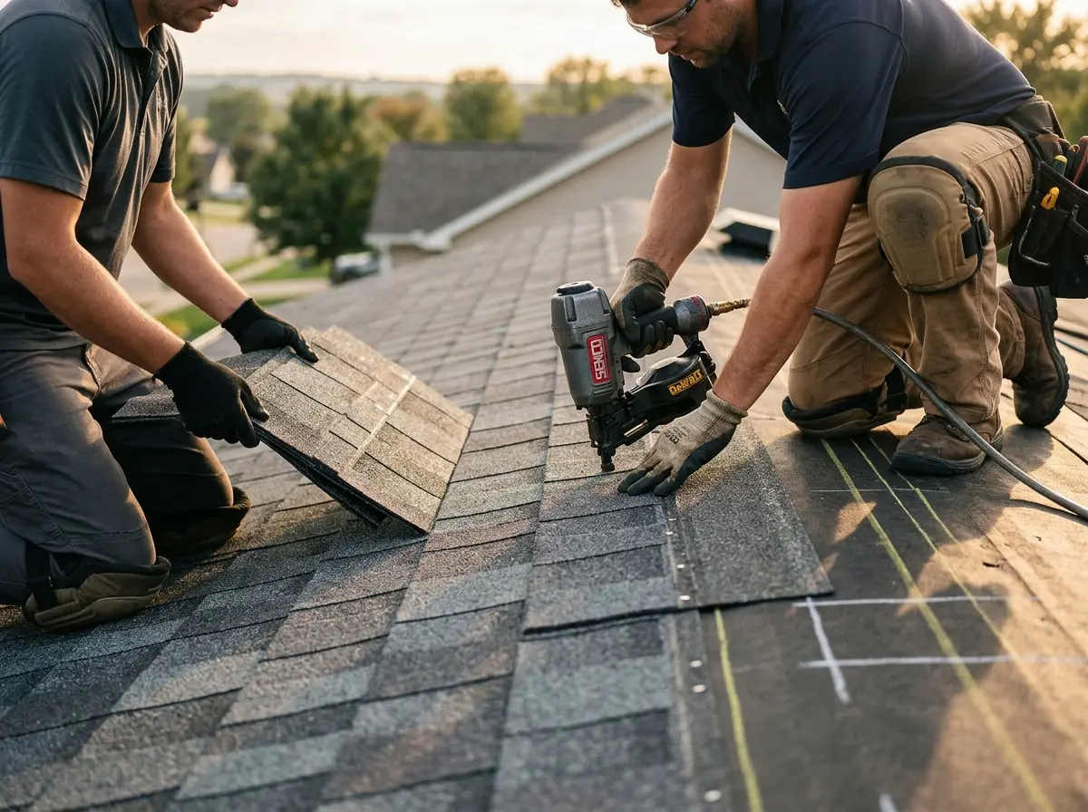 Professional roofer working on a residential roof in South Milwaukee